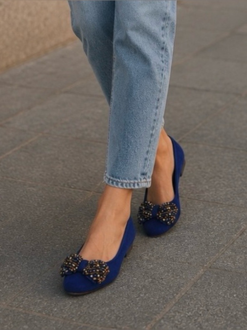 Forever 21 Shoes Women’s Cobalt Blue Faux Suede Flats Rhinestone Bow  Size 9
